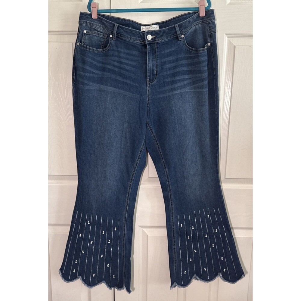 Est 1946 Denim Jeans Women's Flare Raw Scalloped Hem Boho Hippie Bling Sz 20
